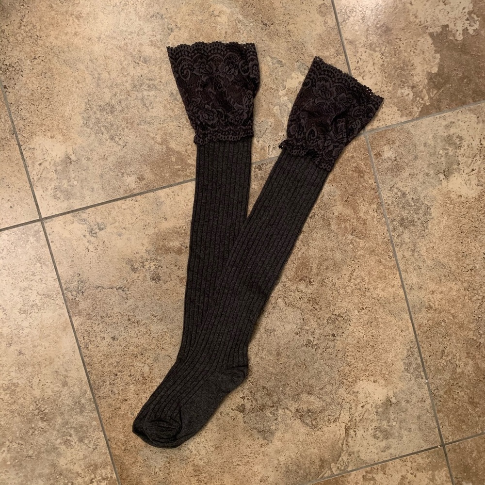 NEW Charcoal Gray Lace Thigh High Socks